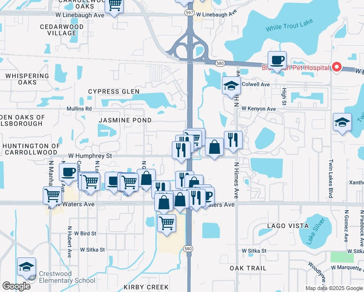 map of restaurants, bars, coffee shops, grocery stores, and more near 8605 Huron Court in Tampa