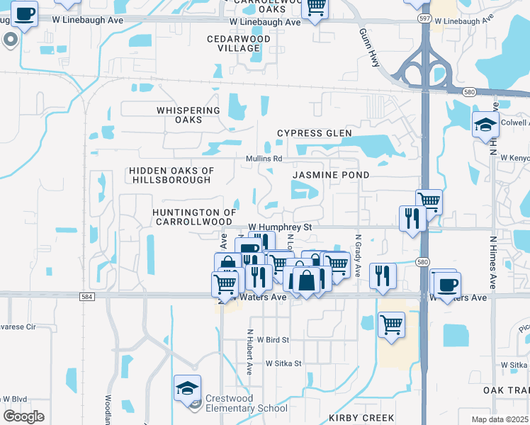map of restaurants, bars, coffee shops, grocery stores, and more near 8647 Fancy Finch Drive in Tampa