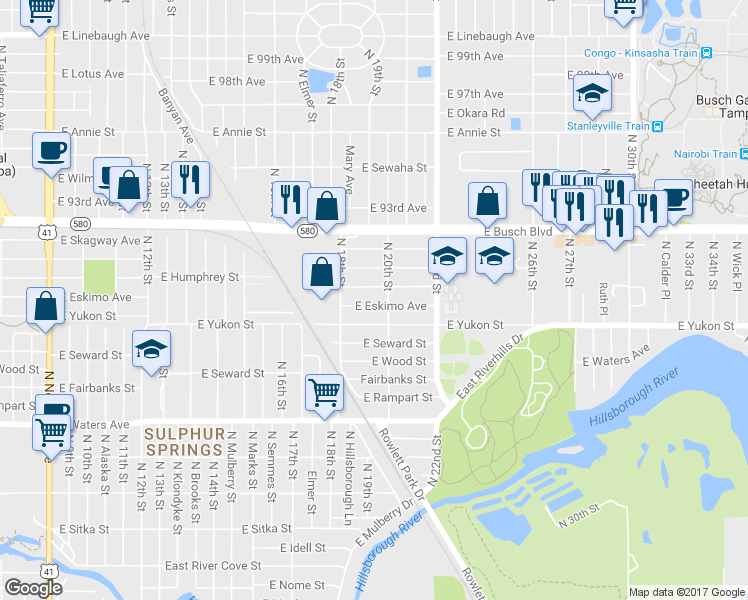 map of restaurants, bars, coffee shops, grocery stores, and more near 1818 East Eskimo Avenue in Tampa