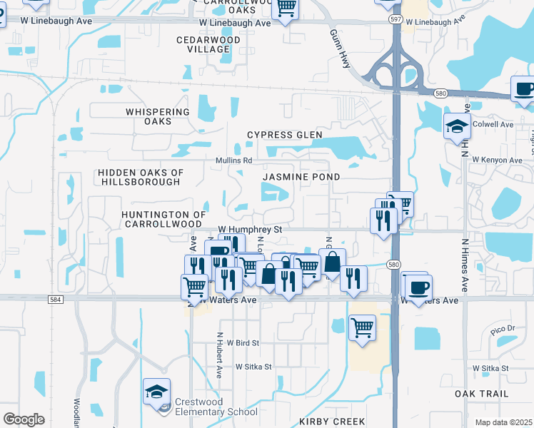 map of restaurants, bars, coffee shops, grocery stores, and more near 8642 Mallard Reserve Drive in Tampa