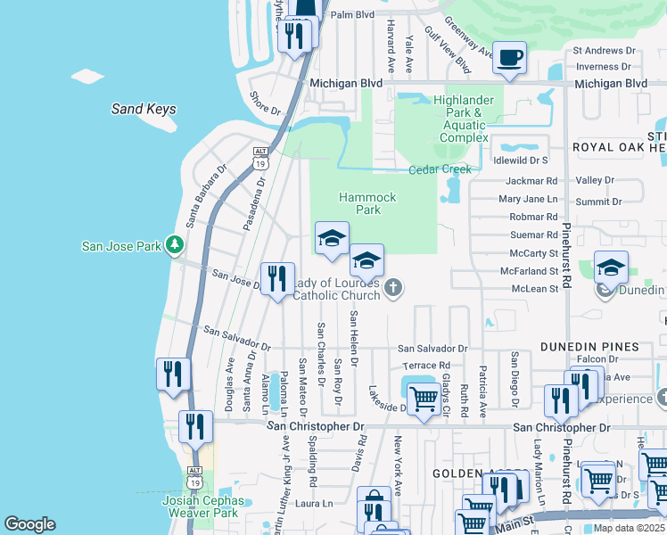 map of restaurants, bars, coffee shops, grocery stores, and more near 1670 San Helen Drive in Dunedin