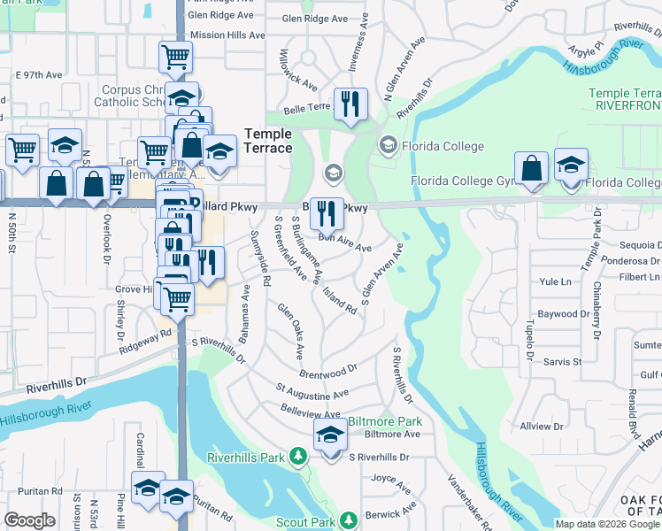 map of restaurants, bars, coffee shops, grocery stores, and more near 212 South Lockmoor Avenue in Temple Terrace