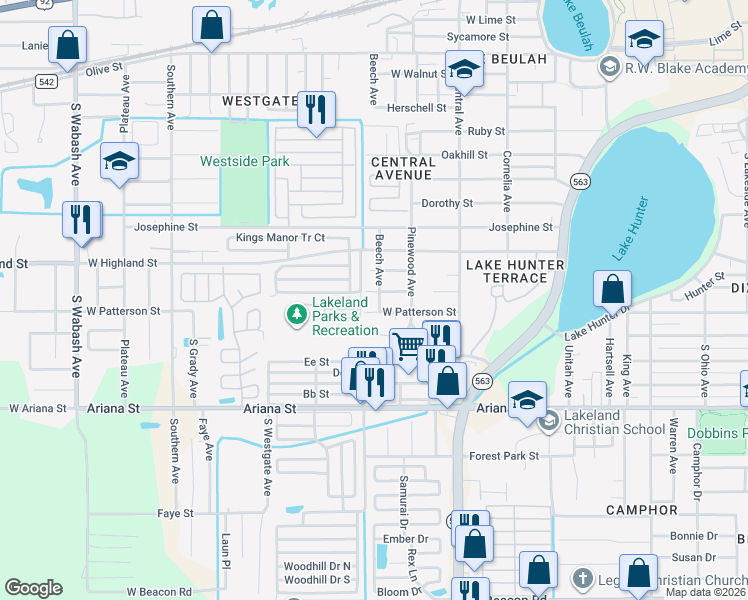 map of restaurants, bars, coffee shops, grocery stores, and more near 1105 Beech Ave in Lakeland