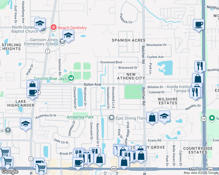 map of restaurants, bars, coffee shops, grocery stores, and more near 1471 Sandalwood Drive in Dunedin