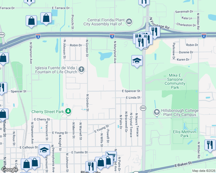 map of restaurants, bars, coffee shops, grocery stores, and more near 1707 North Maryland Avenue in Plant City