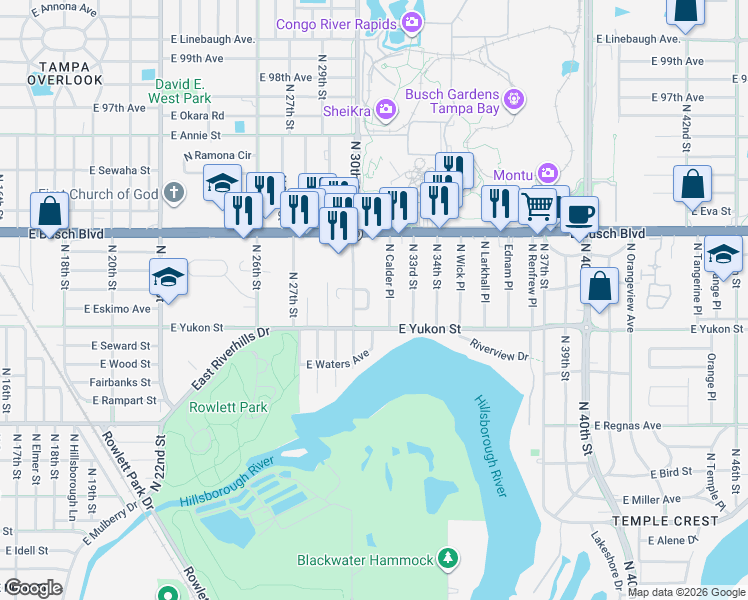 map of restaurants, bars, coffee shops, grocery stores, and more near 8716 North Calder Place in Tampa