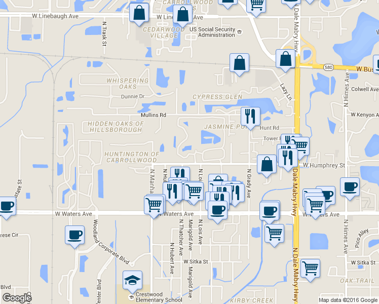 map of restaurants, bars, coffee shops, grocery stores, and more near 8617 Fancy Finch Drive in Tampa