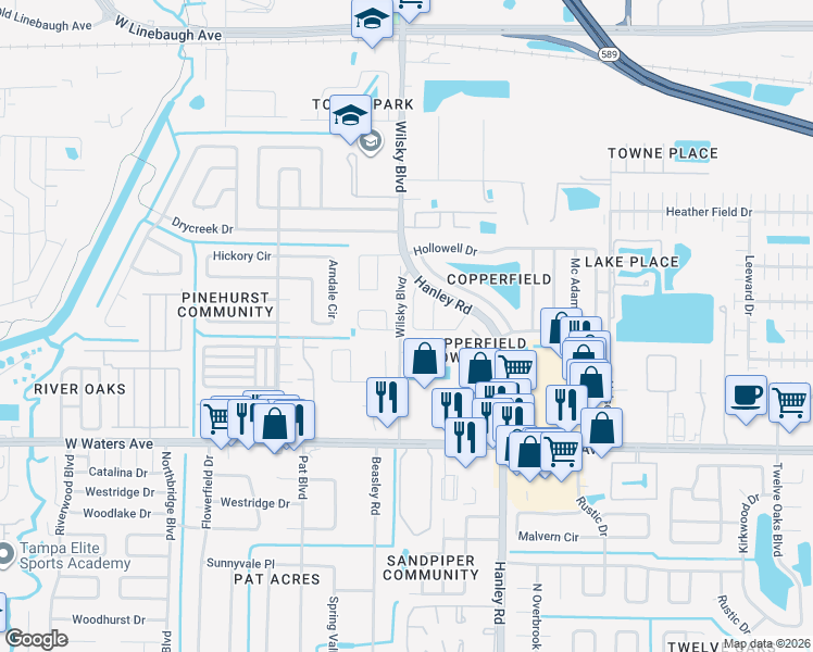map of restaurants, bars, coffee shops, grocery stores, and more near 8920 Metheny Circle in Tampa