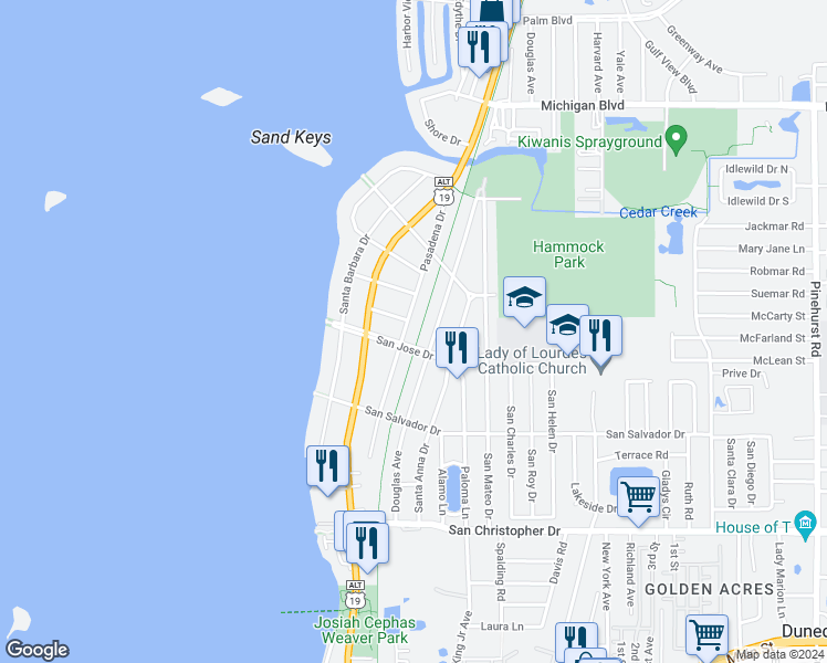 map of restaurants, bars, coffee shops, grocery stores, and more near 335 Rowena Lane in Dunedin