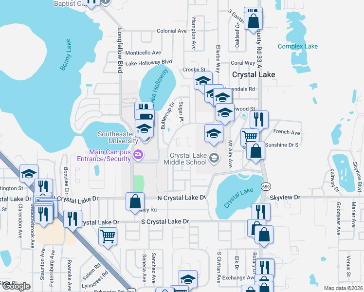 map of restaurants, bars, coffee shops, grocery stores, and more near 1100 Lowry Avenue in Lakeland