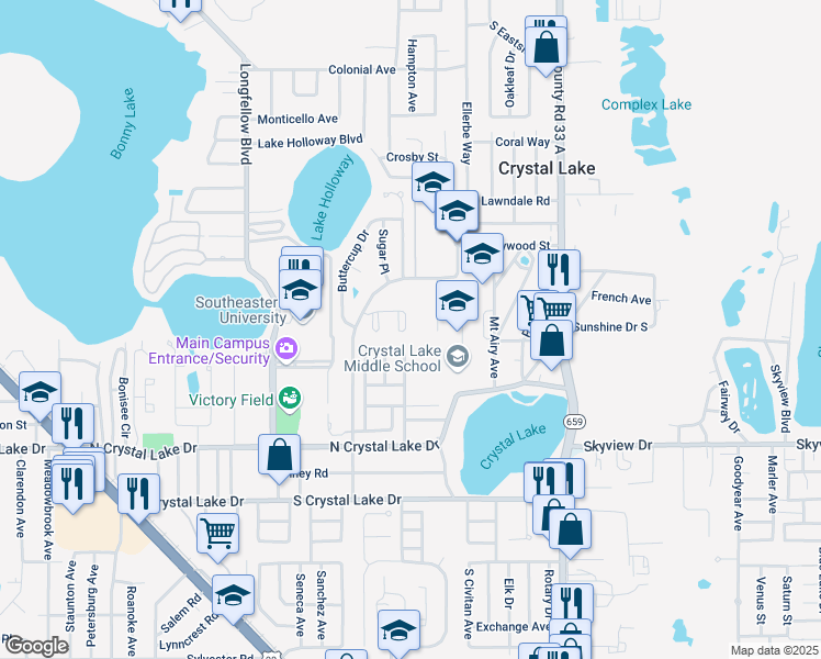 map of restaurants, bars, coffee shops, grocery stores, and more near 1100 Lowry Avenue in Lakeland