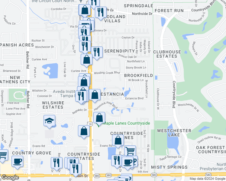 map of restaurants, bars, coffee shops, grocery stores, and more near 2971 Estancia Boulevard in Clearwater