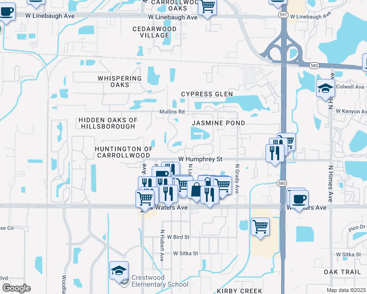 map of restaurants, bars, coffee shops, grocery stores, and more near 8617 Fancy Finch Drive in Tampa
