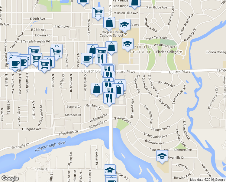 map of restaurants, bars, coffee shops, grocery stores, and more near 8839 North 56th Street in Tampa