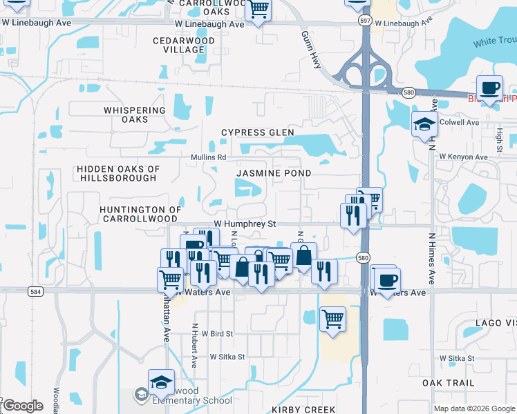 map of restaurants, bars, coffee shops, grocery stores, and more near 8642 Mallard Reserve Drive in Tampa