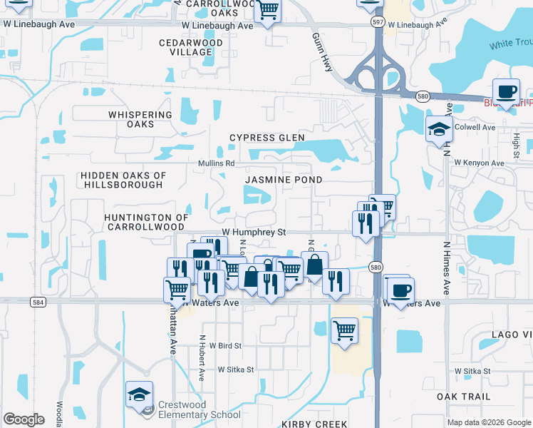 map of restaurants, bars, coffee shops, grocery stores, and more near 8642 Mallard Reserve Drive in Tampa