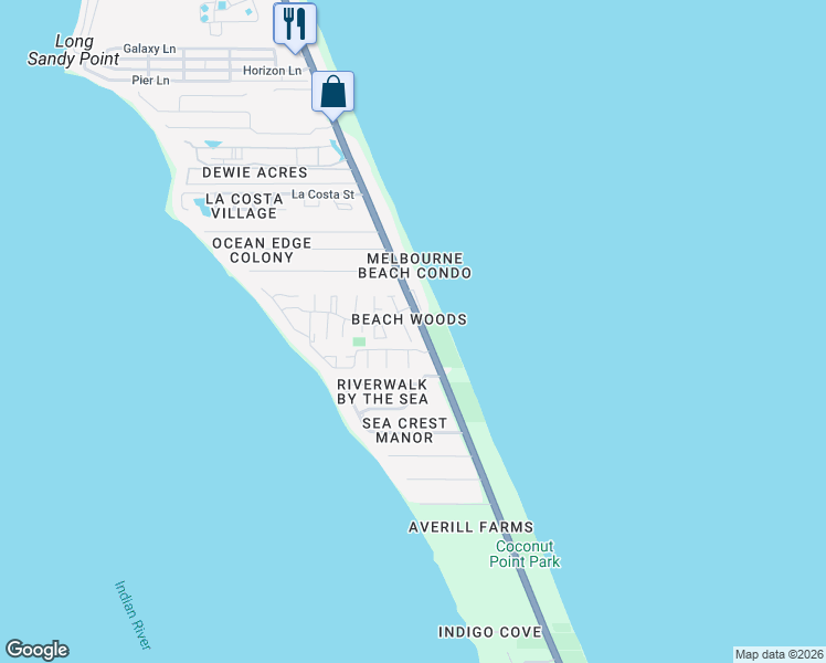 map of restaurants, bars, coffee shops, grocery stores, and more near 3243 Beach View Way in Melbourne Beach