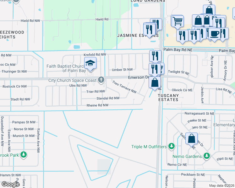 map of restaurants, bars, coffee shops, grocery stores, and more near 1233 Thallar Lane Northwest in Palm Bay