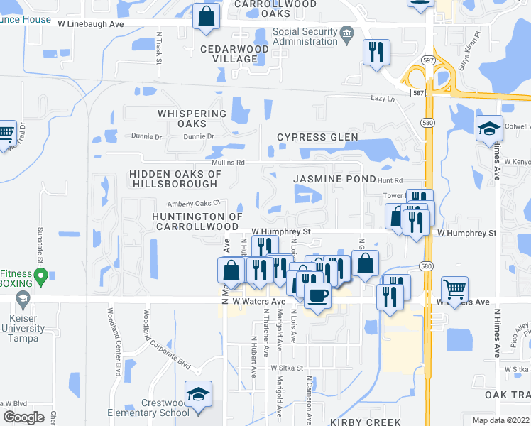 map of restaurants, bars, coffee shops, grocery stores, and more near 8645 Fancy Finch Drive in Tampa