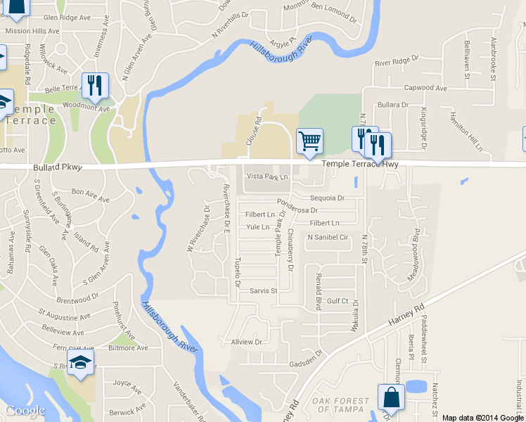 map of restaurants, bars, coffee shops, grocery stores, and more near 7009 Ponderosa Drive in Tampa
