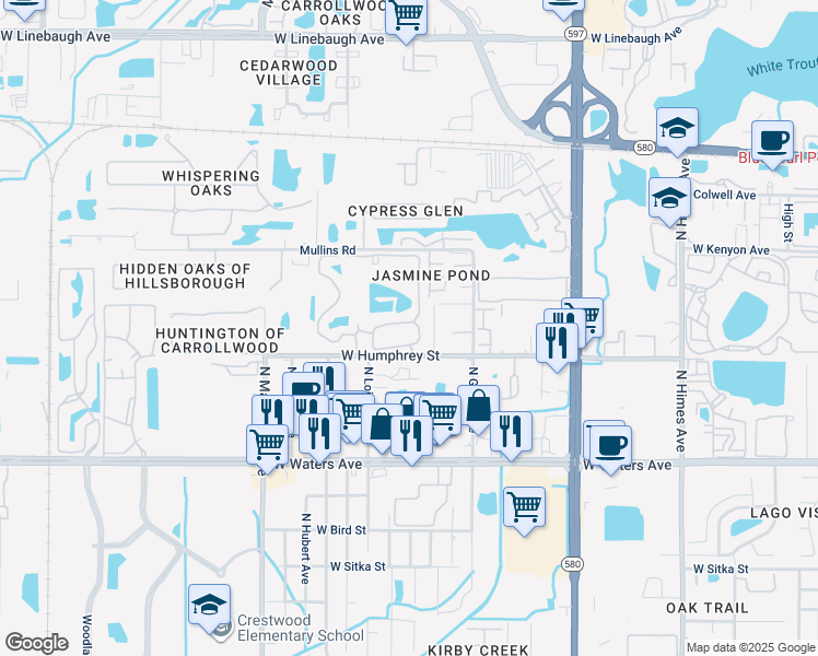 map of restaurants, bars, coffee shops, grocery stores, and more near 8642 Mallard Reserve Drive in Tampa