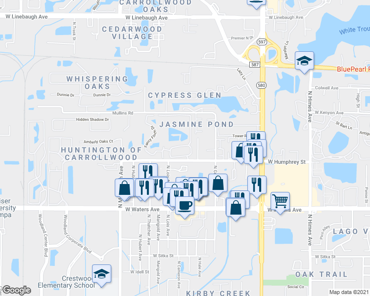 map of restaurants, bars, coffee shops, grocery stores, and more near 8642 Mallard Reserve Drive in Tampa