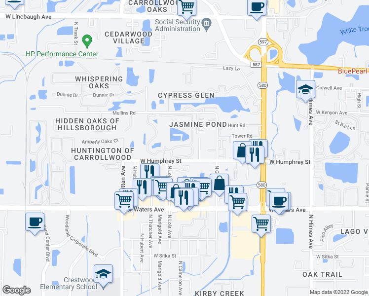 map of restaurants, bars, coffee shops, grocery stores, and more near 8642 Mallard Reserve Drive in Tampa