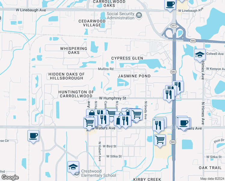 map of restaurants, bars, coffee shops, grocery stores, and more near 8617 Fancy Finch Drive in Tampa