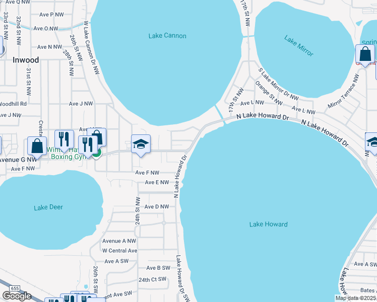 map of restaurants, bars, coffee shops, grocery stores, and more near Avenue G Northwest in Winter Haven