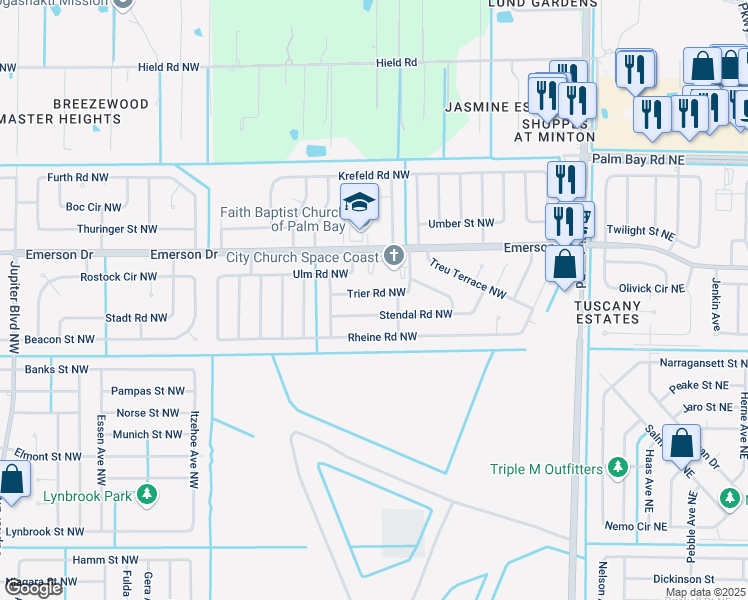 map of restaurants, bars, coffee shops, grocery stores, and more near 423 Trier Road Northwest in Palm Bay