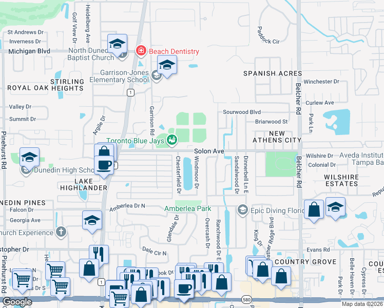 map of restaurants, bars, coffee shops, grocery stores, and more near 1737 Solon Avenue in Dunedin