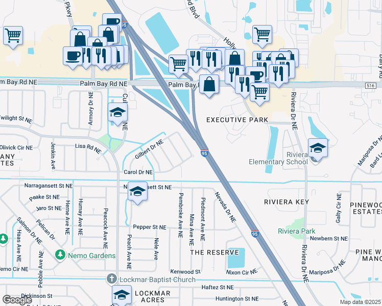 map of restaurants, bars, coffee shops, grocery stores, and more near 1221 Goode Drive Northeast in Palm Bay