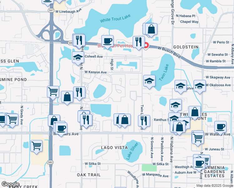 map of restaurants, bars, coffee shops, grocery stores, and more near 8662 Molokai Court in Tampa