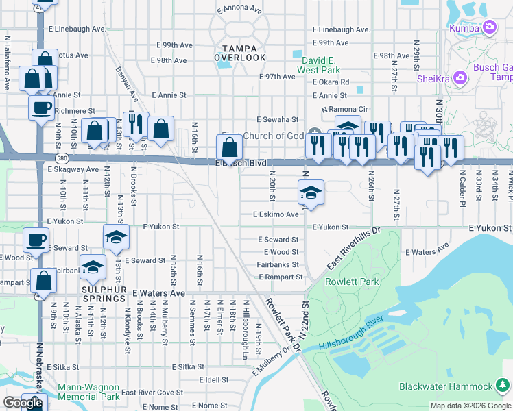 map of restaurants, bars, coffee shops, grocery stores, and more near 8904 North 20th Street in Tampa