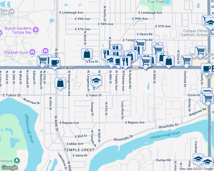 map of restaurants, bars, coffee shops, grocery stores, and more near 8722A North 48th Street in Tampa