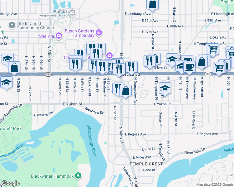 map of restaurants, bars, coffee shops, grocery stores, and more near 8902 North 39th Street in Tampa