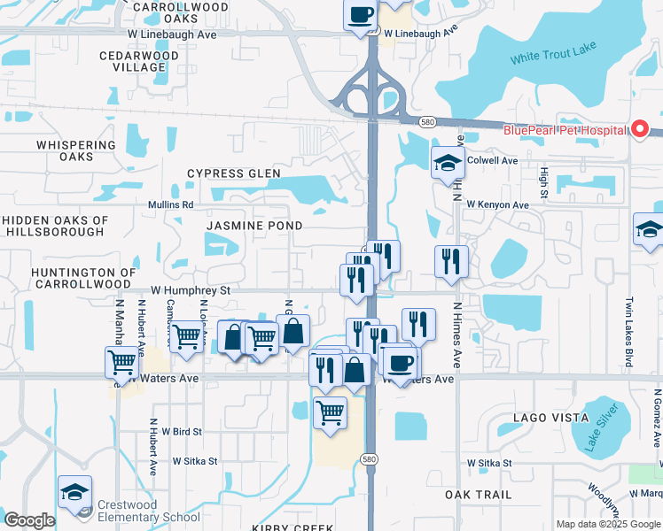 map of restaurants, bars, coffee shops, grocery stores, and more near 3832 North Lake Drive in Tampa