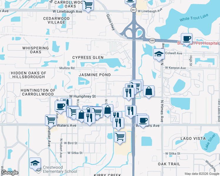 map of restaurants, bars, coffee shops, grocery stores, and more near 8710 Carroll Palm Place in Tampa