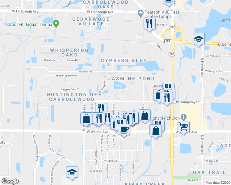 map of restaurants, bars, coffee shops, grocery stores, and more near 8617 Fancy Finch Drive in Tampa