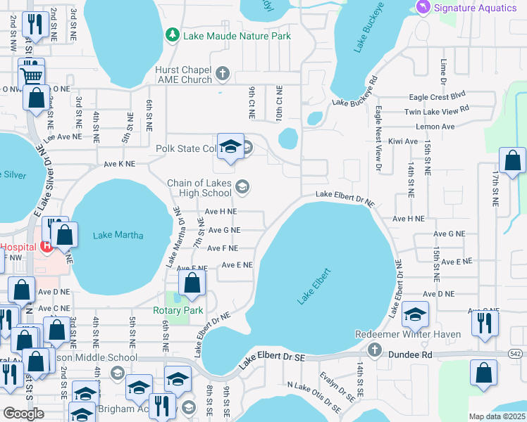 map of restaurants, bars, coffee shops, grocery stores, and more near 999 Avenue H Northeast in Winter Haven