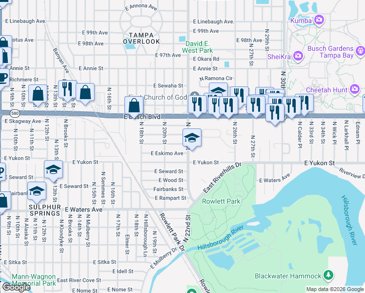 map of restaurants, bars, coffee shops, grocery stores, and more near 2014 East Humphrey Street in Tampa