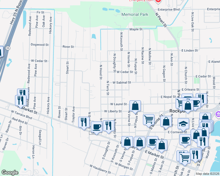 map of restaurants, bars, coffee shops, grocery stores, and more near 805 North Terry Street in Rockport