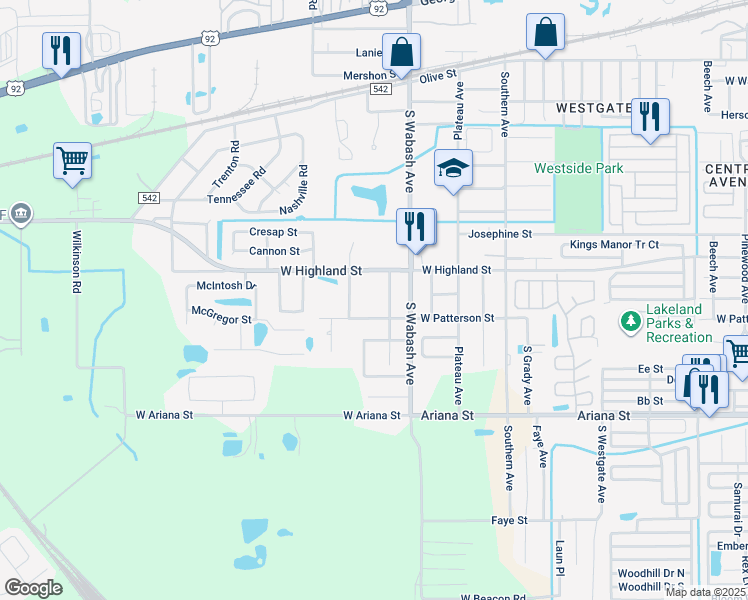 map of restaurants, bars, coffee shops, grocery stores, and more near 2302 West Highland Street in Lakeland