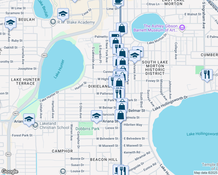 map of restaurants, bars, coffee shops, grocery stores, and more near 214 Hunter Street in Lakeland