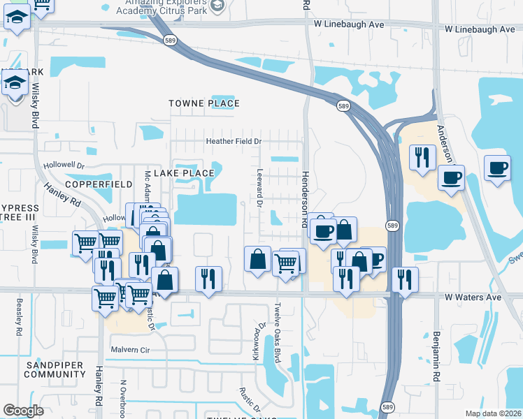 map of restaurants, bars, coffee shops, grocery stores, and more near 6406 Derby Court in Tampa