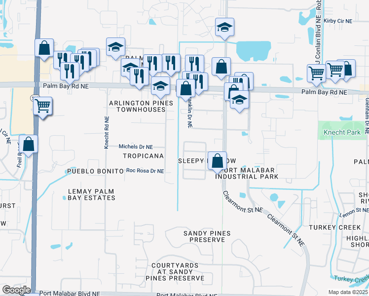map of restaurants, bars, coffee shops, grocery stores, and more near 2114 Tarrytown Lane Northeast in Palm Bay