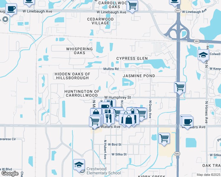 map of restaurants, bars, coffee shops, grocery stores, and more near 8647 Fancy Finch Drive in Tampa