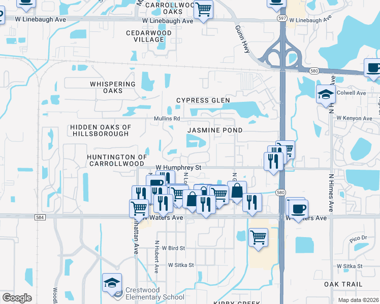 map of restaurants, bars, coffee shops, grocery stores, and more near 8642 Mallard Reserve Drive in Tampa