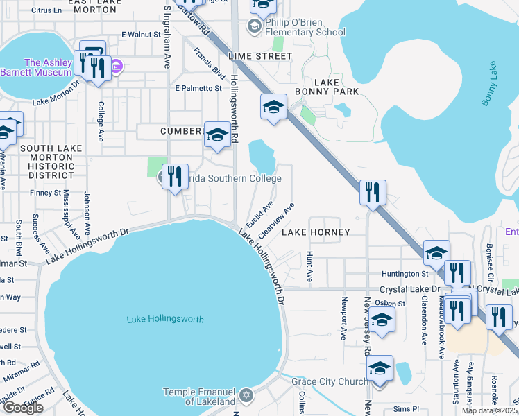map of restaurants, bars, coffee shops, grocery stores, and more near 1019 Euclid Avenue in Lakeland