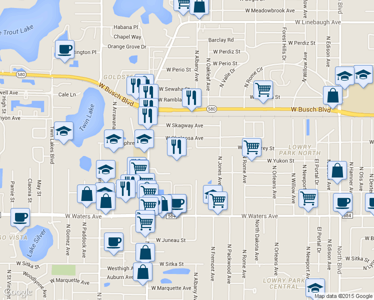 map of restaurants, bars, coffee shops, grocery stores, and more near 8805 Crestview Drive in Tampa